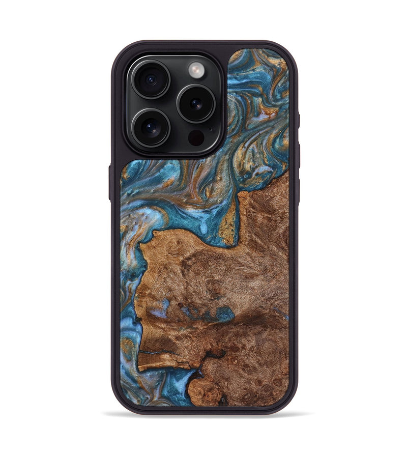 iPhone 15 Pro Wood+Resin Phone Case - Luella (Teal & Gold, 719456)