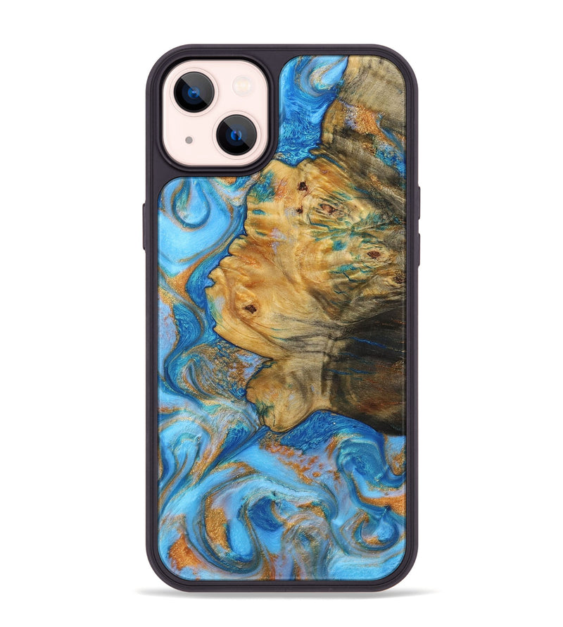 iPhone 14 Plus Wood+Resin Phone Case - Elijah (Teal & Gold, 719458)