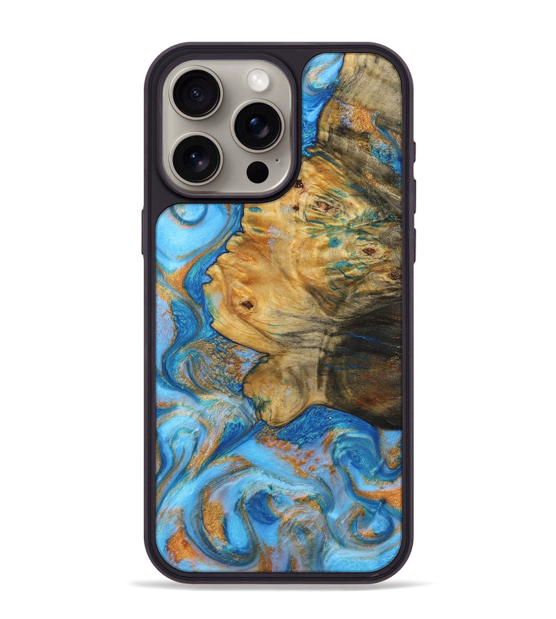 iPhone 15 Pro Max Wood+Resin Phone Case - Elijah (Teal & Gold, 719458)