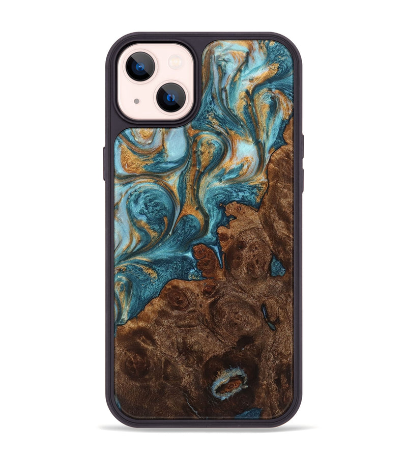 iPhone 14 Plus Wood+Resin Phone Case - Lucille (Teal & Gold, 719462)