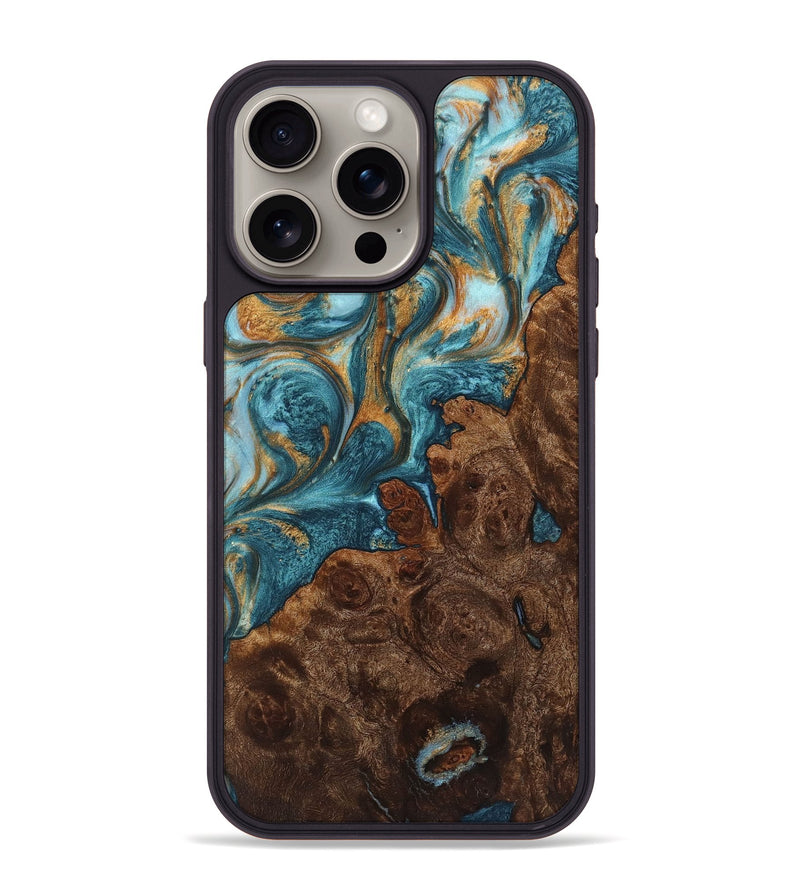 iPhone 15 Pro Max Wood+Resin Phone Case - Lucille (Teal & Gold, 719462)