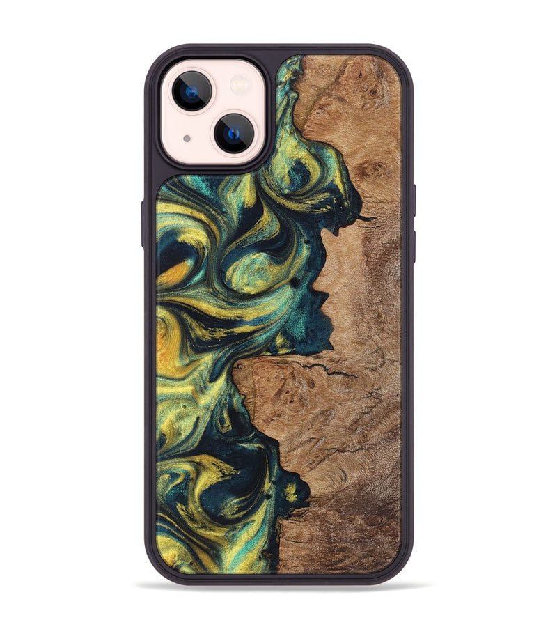 iPhone 14 Plus Wood+Resin Phone Case - Meredith (Teal & Gold, 719463)