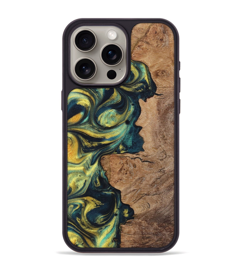 iPhone 15 Pro Max Wood+Resin Phone Case - Meredith (Teal & Gold, 719463)