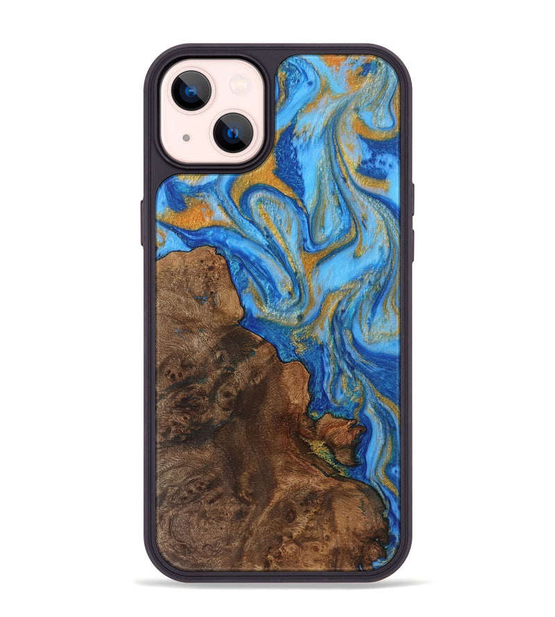 iPhone 14 Plus Wood+Resin Phone Case - Hallie (Teal & Gold, 719466)