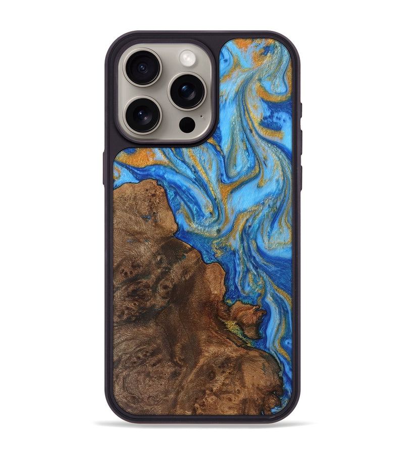 iPhone 15 Pro Max Wood+Resin Phone Case - Hallie (Teal & Gold, 719466)