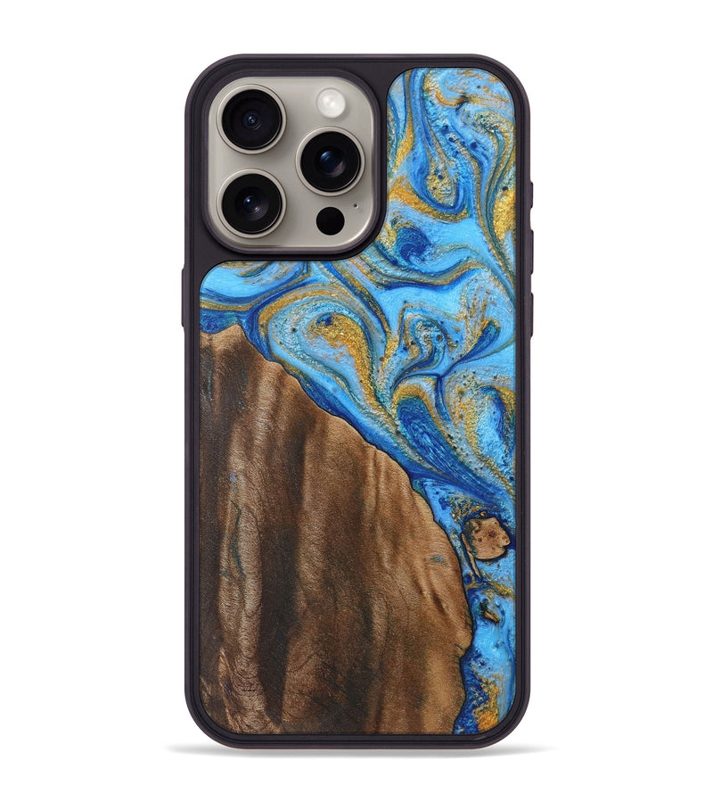 iPhone 15 Pro Max Wood+Resin Phone Case - Cecil (Teal & Gold, 719467)