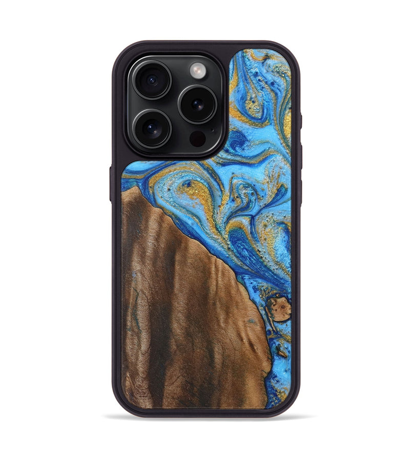 iPhone 15 Pro Wood+Resin Phone Case - Cecil (Teal & Gold, 719467)