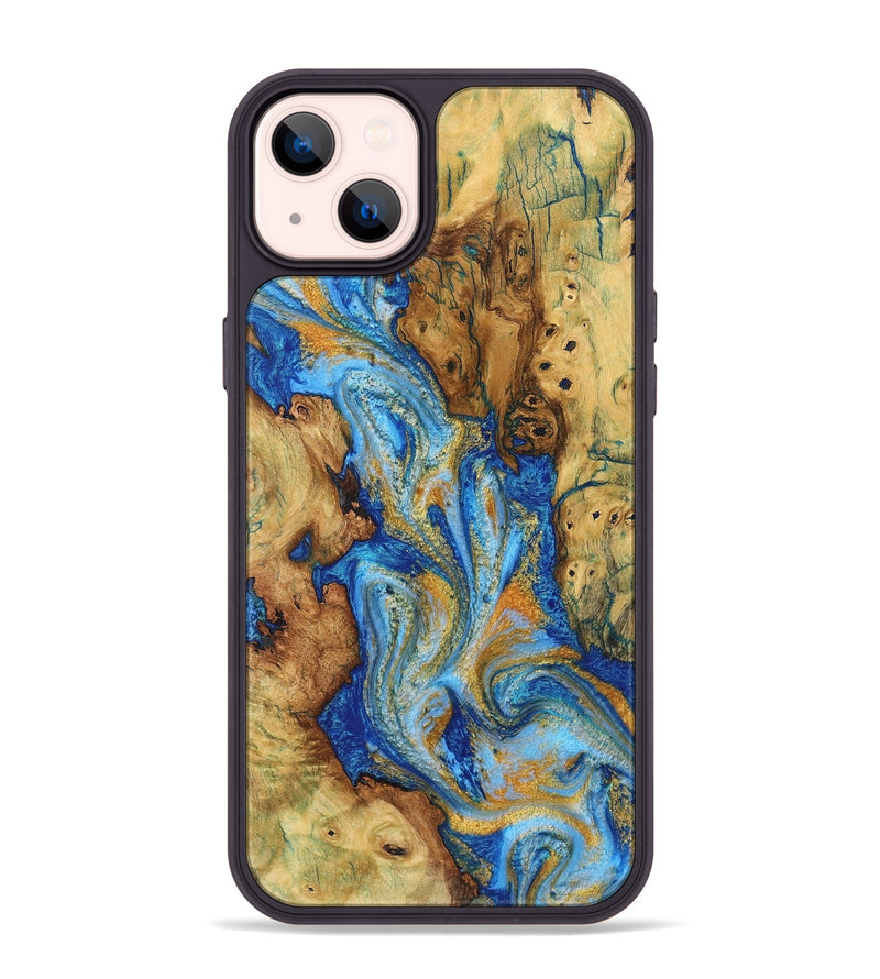 iPhone 14 Plus Wood+Resin Phone Case - Giovanni (Teal & Gold, 719468)