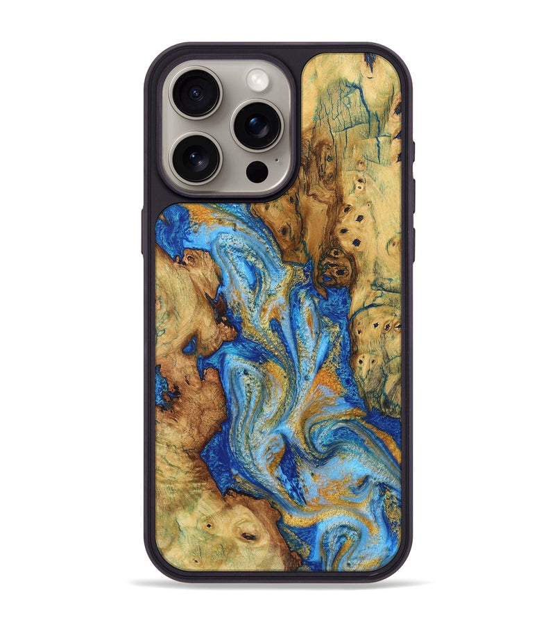 iPhone 15 Pro Max Wood+Resin Phone Case - Giovanni (Teal & Gold, 719468)