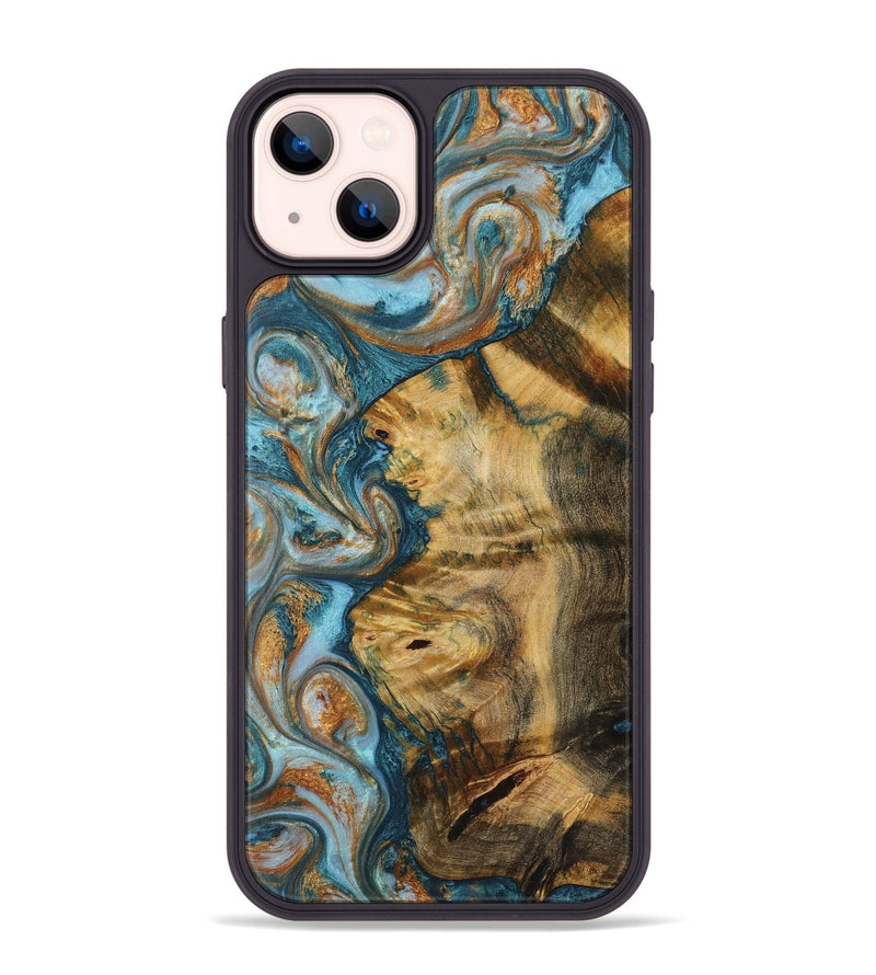 iPhone 14 Plus Wood+Resin Phone Case - Ayanna (Teal & Gold, 719469)