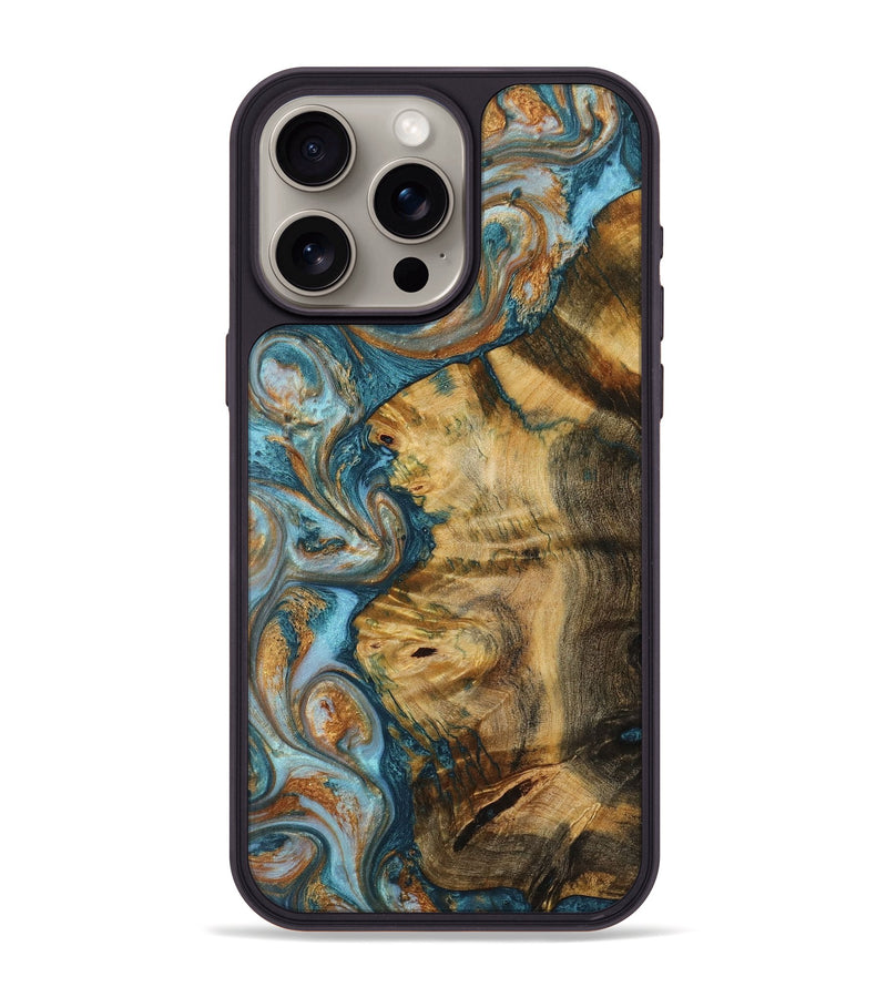 iPhone 15 Pro Max Wood+Resin Phone Case - Ayanna (Teal & Gold, 719469)