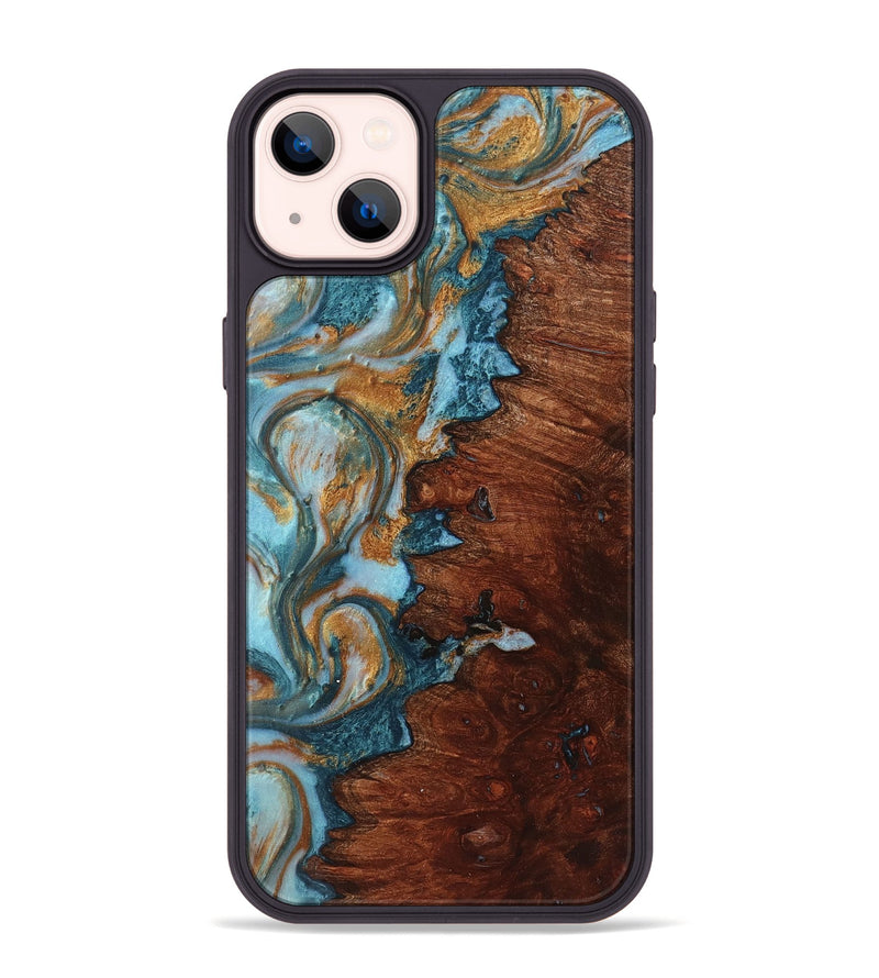 iPhone 14 Plus Wood+Resin Phone Case - Lorene (Teal & Gold, 719471)