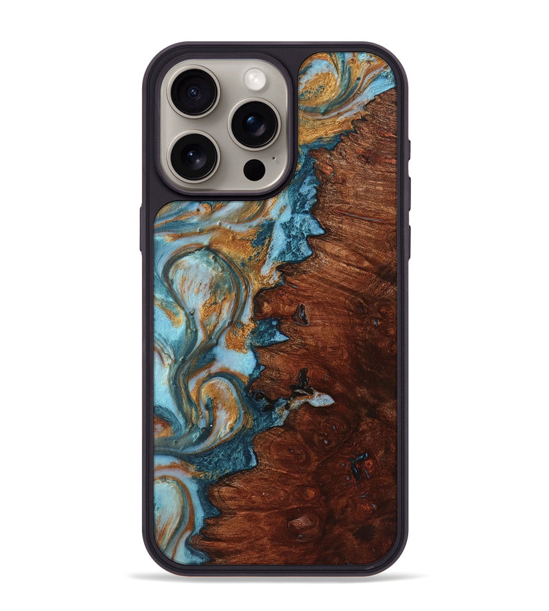 iPhone 15 Pro Max Wood+Resin Phone Case - Lorene (Teal & Gold, 719471)