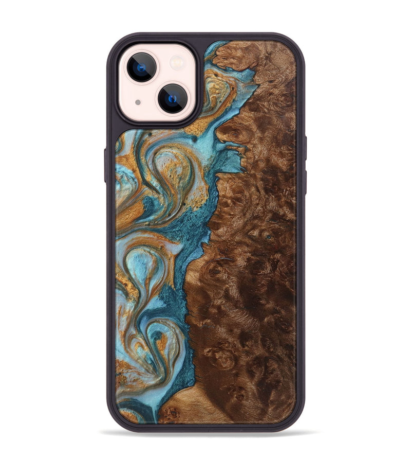 iPhone 14 Plus Wood+Resin Phone Case - Beulah (Teal & Gold, 719474)