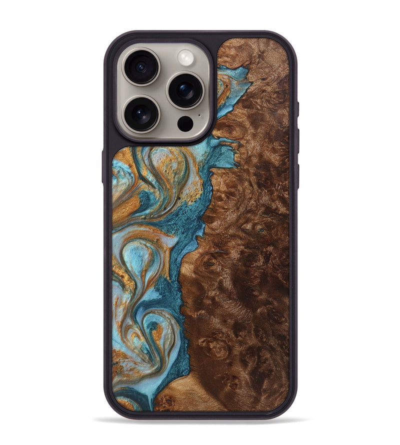 iPhone 15 Pro Max Wood+Resin Phone Case - Beulah (Teal & Gold, 719474)