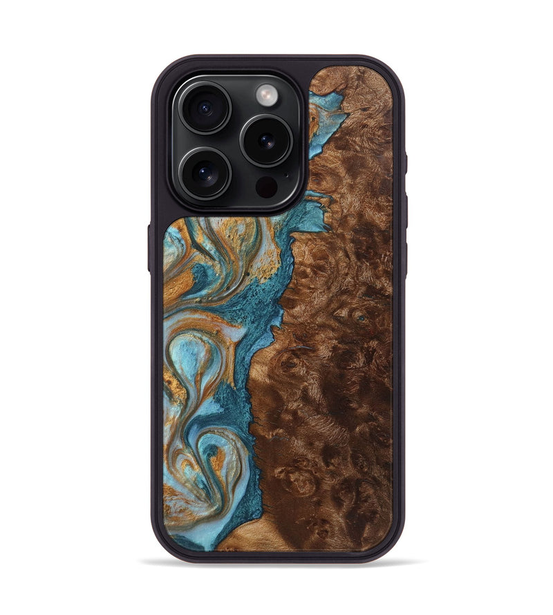 iPhone 15 Pro Wood+Resin Phone Case - Beulah (Teal & Gold, 719474)