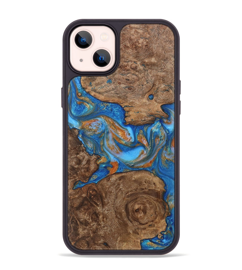 iPhone 14 Plus Wood+Resin Phone Case - Lance (Teal & Gold, 719477)