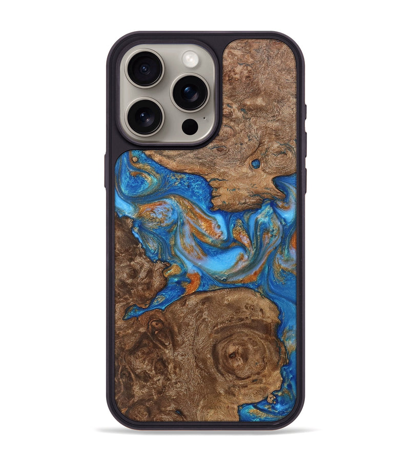 iPhone 15 Pro Max Wood+Resin Phone Case - Lance (Teal & Gold, 719477)