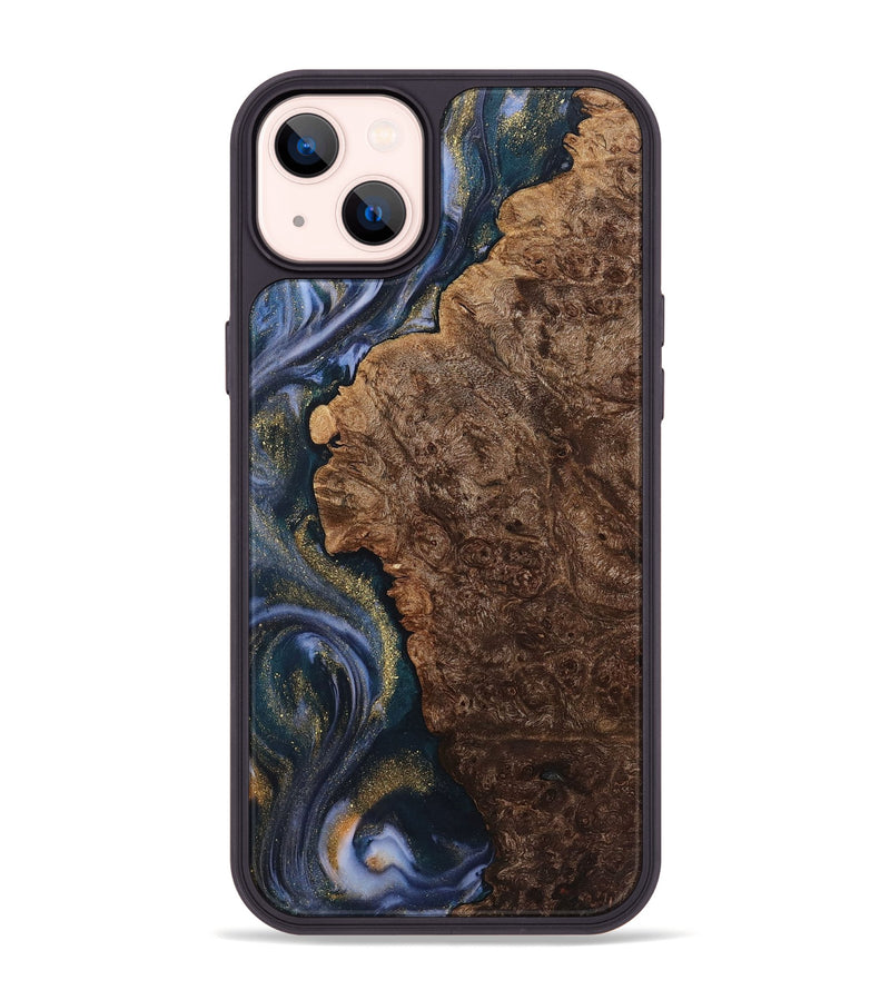 iPhone 14 Plus Wood+Resin Phone Case - Juan (Teal & Gold, 719480)