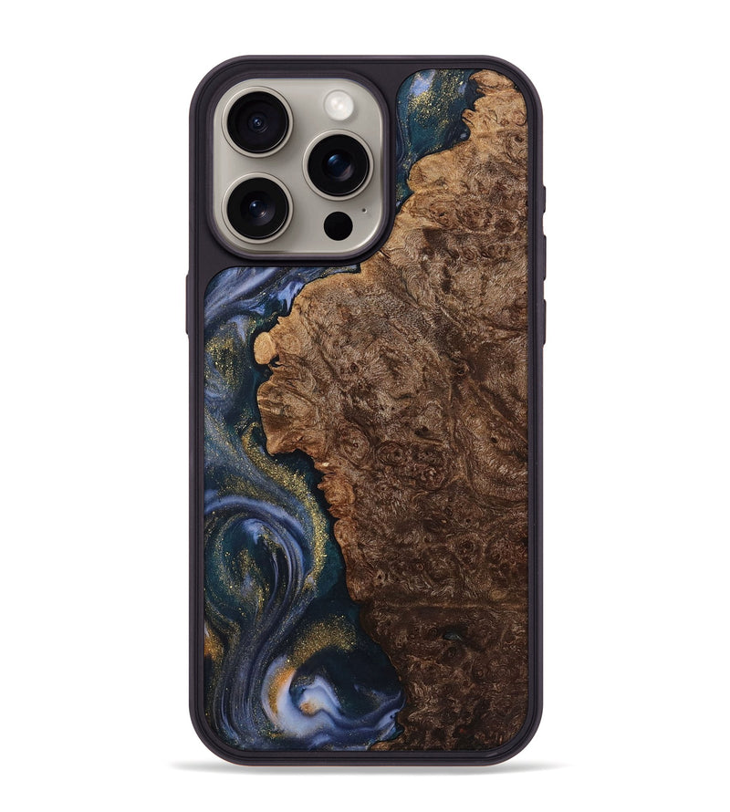 iPhone 15 Pro Max Wood+Resin Phone Case - Juan (Teal & Gold, 719480)