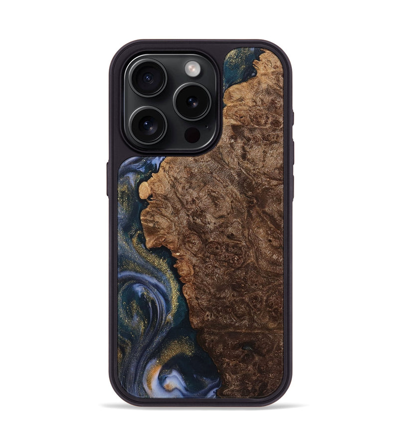 iPhone 15 Pro Wood+Resin Phone Case - Juan (Teal & Gold, 719480)