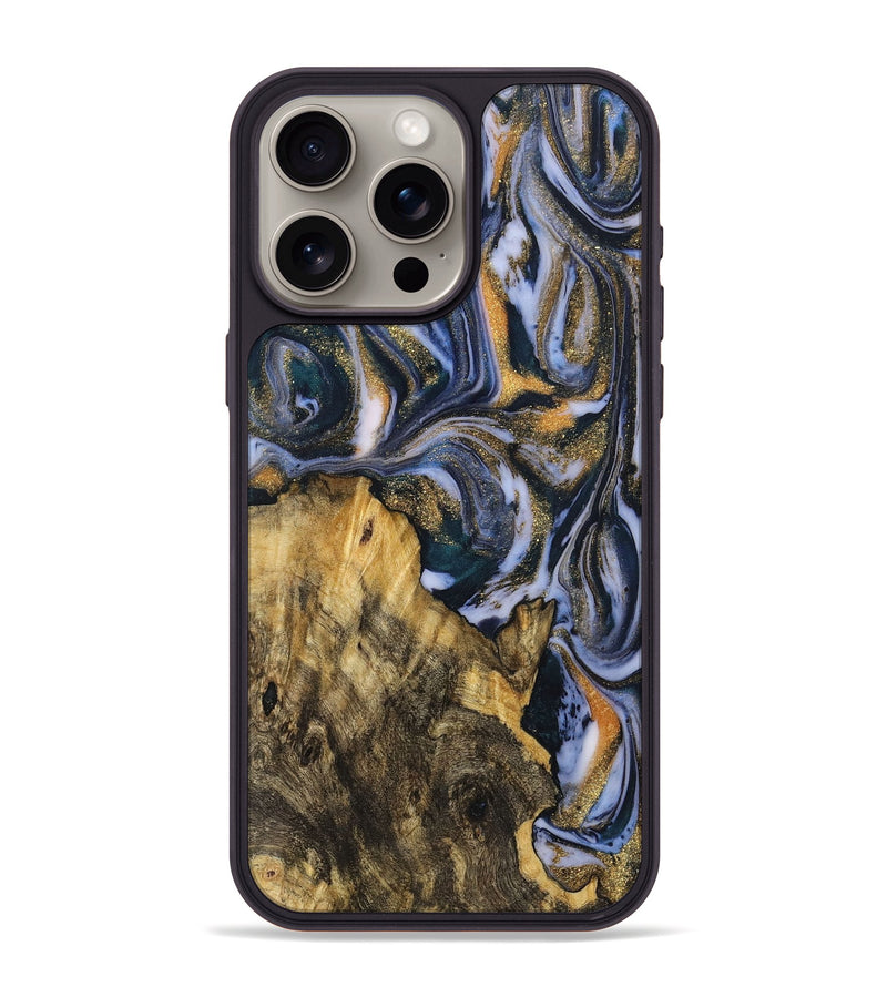 iPhone 15 Pro Max Wood+Resin Phone Case - Peyton (Teal & Gold, 719481)