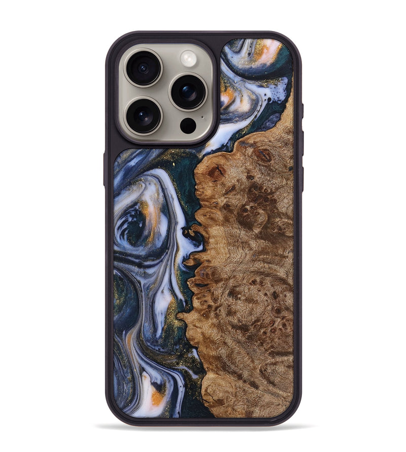 iPhone 15 Pro Max Wood+Resin Phone Case - Camila (Teal & Gold, 719482)