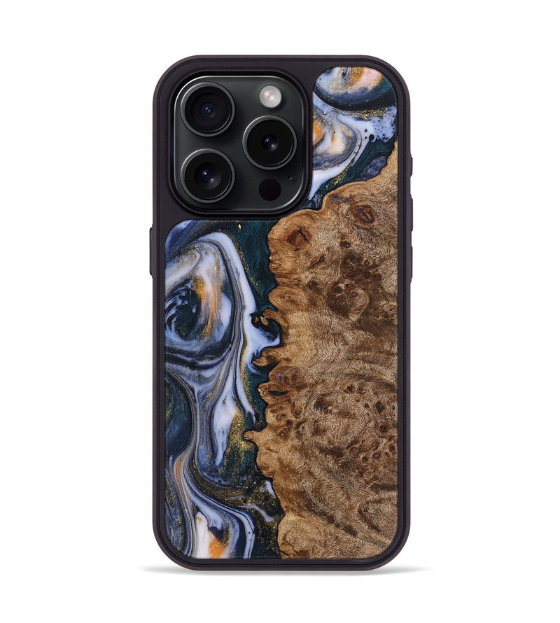 iPhone 15 Pro Wood+Resin Phone Case - Camila (Teal & Gold, 719482)