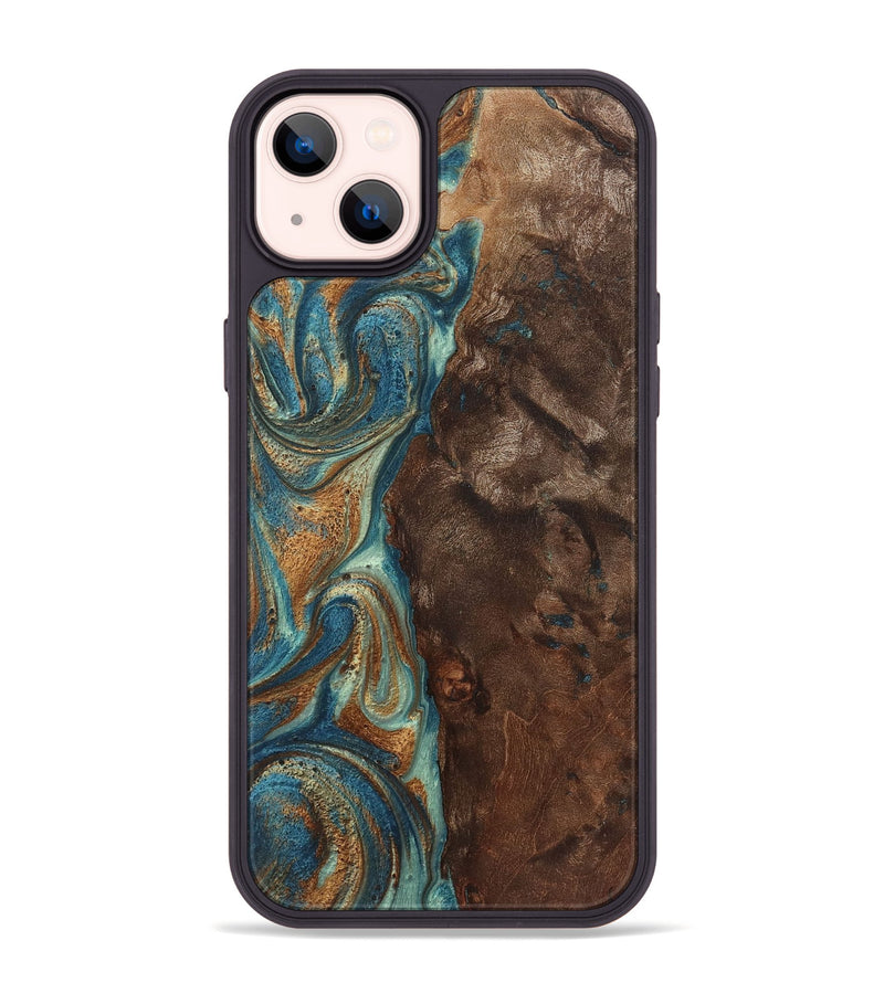 iPhone 14 Plus Wood+Resin Phone Case - Priscilla (Teal & Gold, 719483)