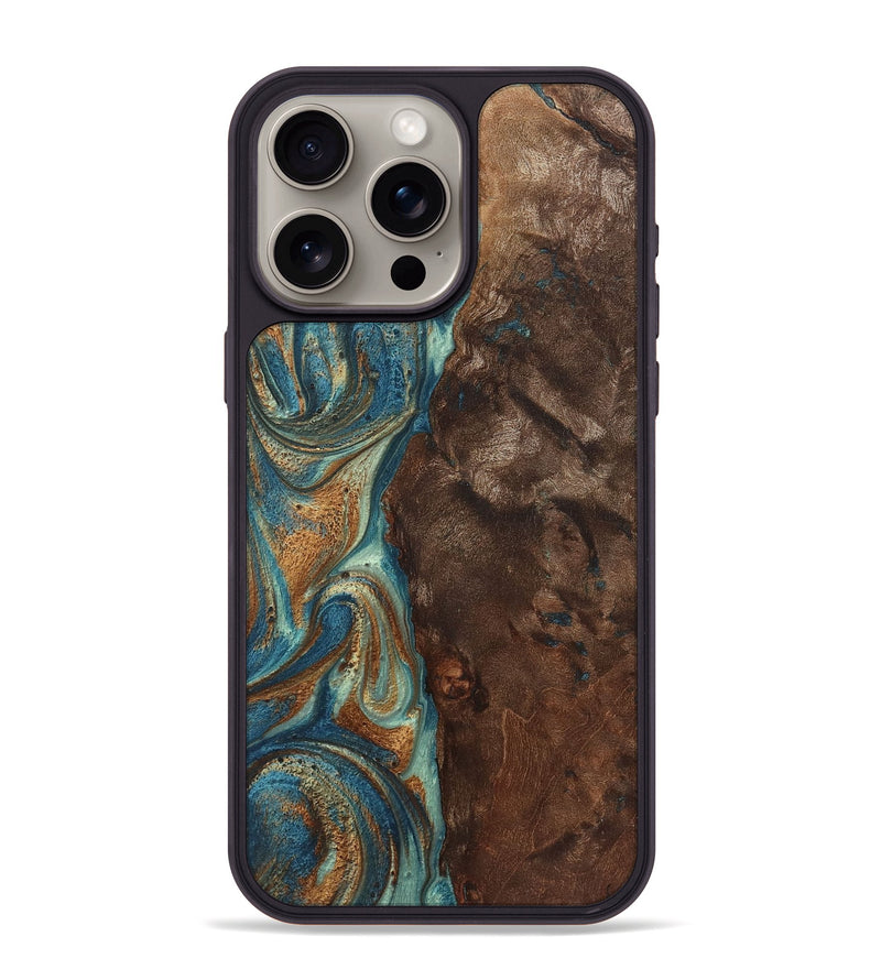 iPhone 15 Pro Max Wood+Resin Phone Case - Priscilla (Teal & Gold, 719483)