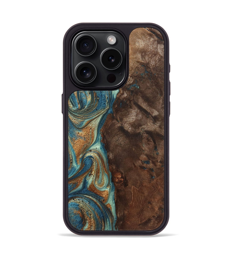 iPhone 15 Pro Wood+Resin Phone Case - Priscilla (Teal & Gold, 719483)