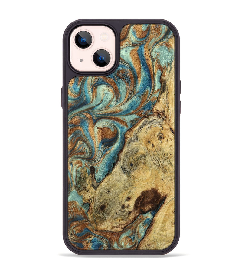 iPhone 14 Plus Wood+Resin Phone Case - Phoenix (Teal & Gold, 719484)