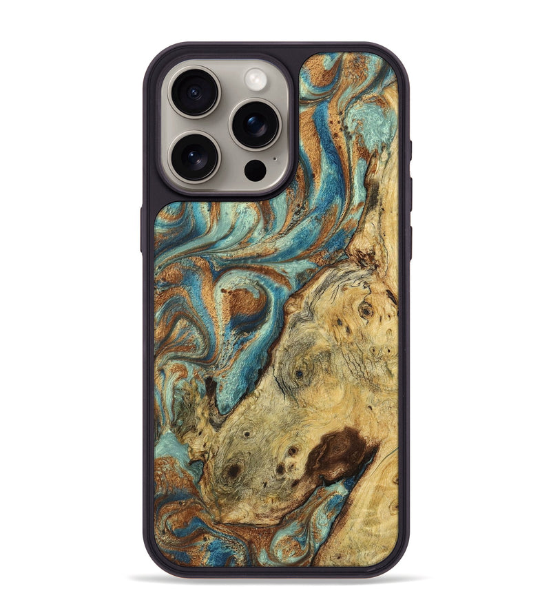 iPhone 15 Pro Max Wood+Resin Phone Case - Phoenix (Teal & Gold, 719484)