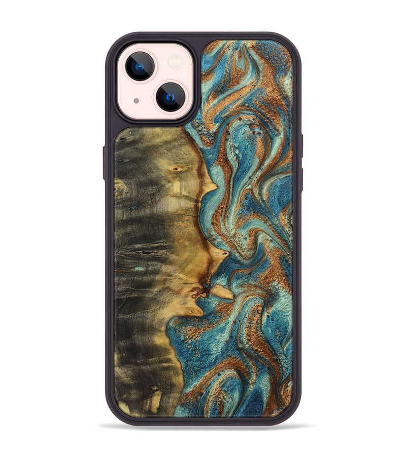 iPhone 14 Plus Wood+Resin Phone Case - Brooklyn (Teal & Gold, 719485)