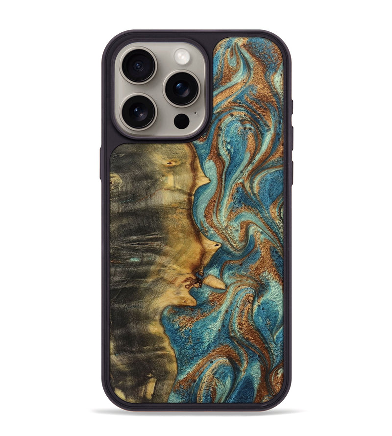 iPhone 15 Pro Max Wood+Resin Phone Case - Brooklyn (Teal & Gold, 719485)