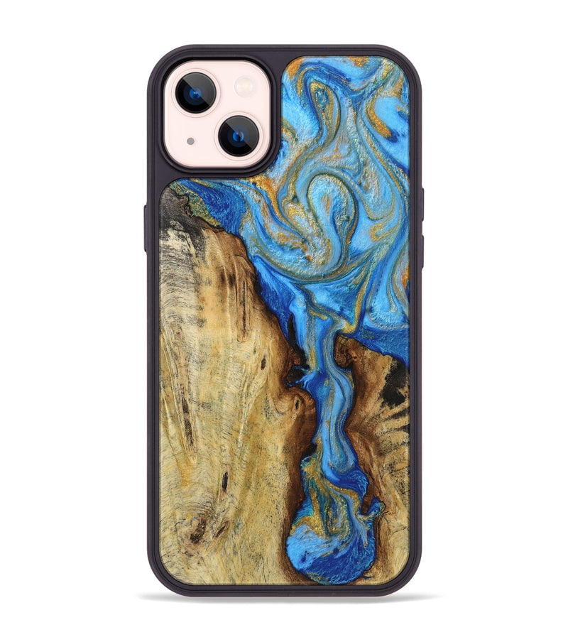 iPhone 14 Plus Wood+Resin Phone Case - Milo (Teal & Gold, 719486)