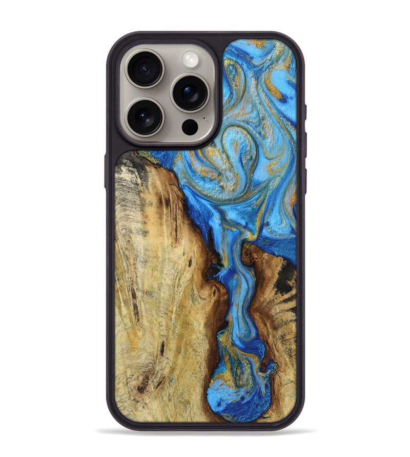 iPhone 15 Pro Max Wood+Resin Phone Case - Milo (Teal & Gold, 719486)