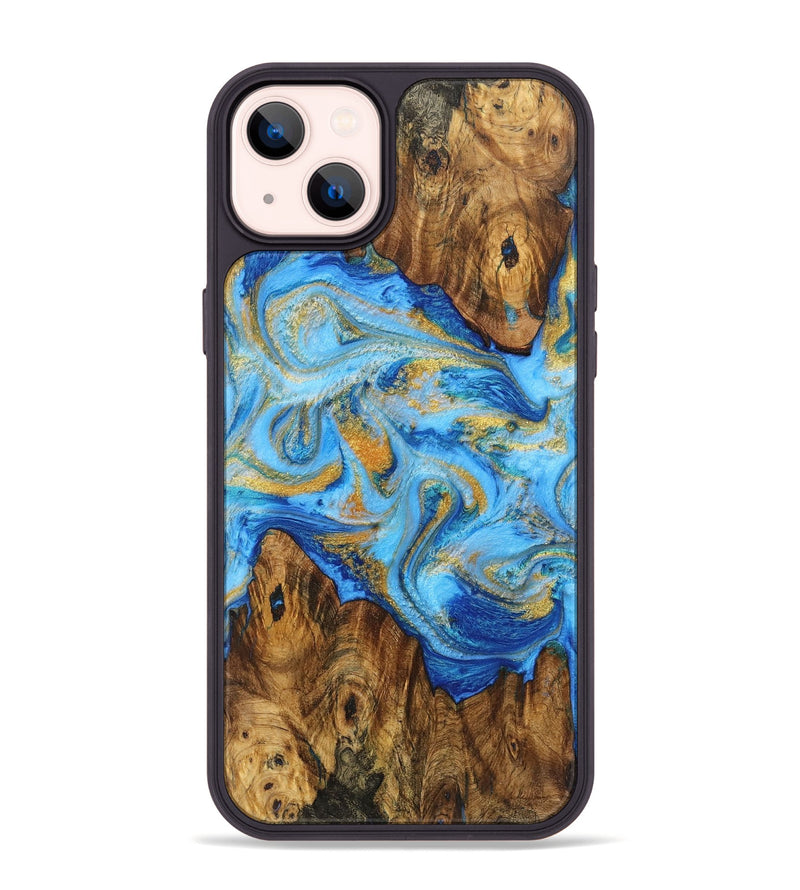 iPhone 14 Plus Wood+Resin Phone Case - Kristen (Teal & Gold, 719487)