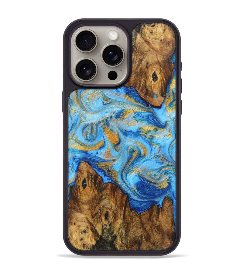 iPhone 15 Pro Max Wood+Resin Phone Case - Kristen (Teal & Gold, 719487)