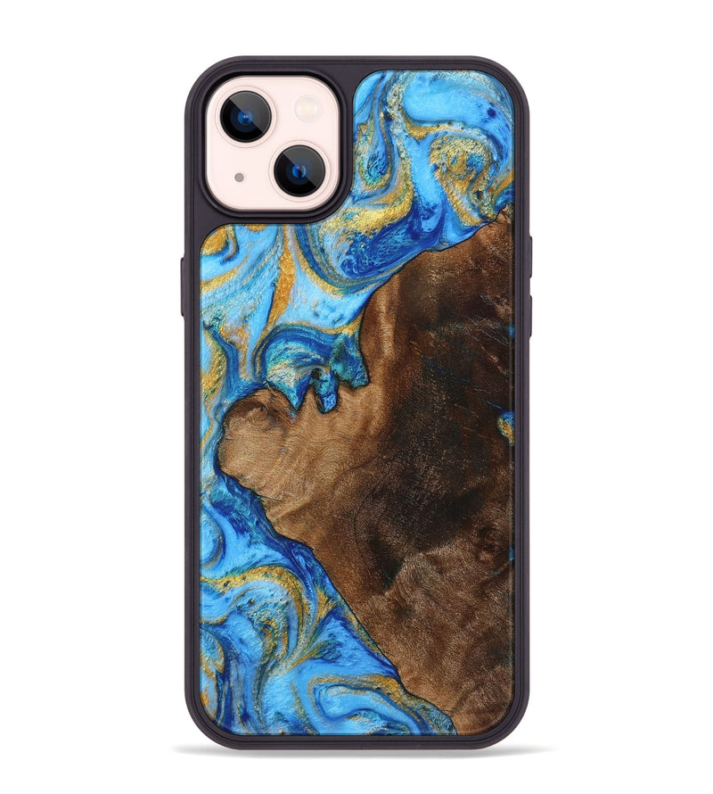 iPhone 14 Plus Wood+Resin Phone Case - Donnie (Teal & Gold, 719488)