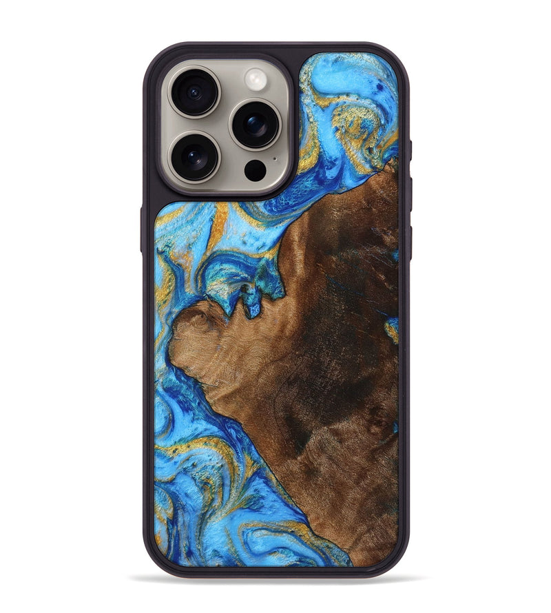 iPhone 15 Pro Max Wood+Resin Phone Case - Donnie (Teal & Gold, 719488)