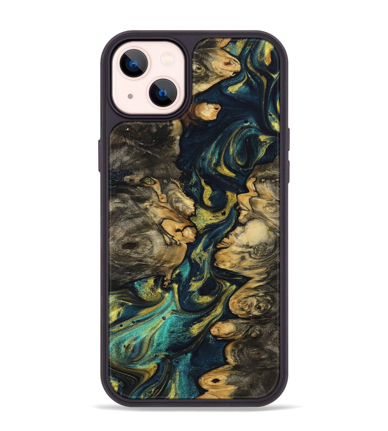 iPhone 14 Plus Wood+Resin Phone Case - Mamie (Teal & Gold, 719489)