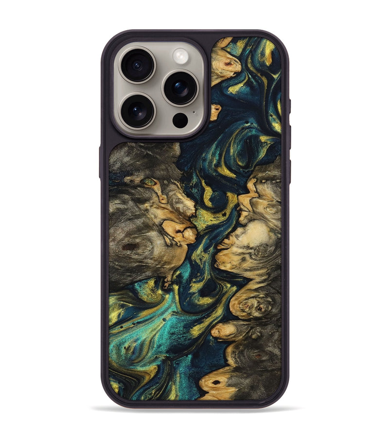 iPhone 15 Pro Max Wood+Resin Phone Case - Mamie (Teal & Gold, 719489)