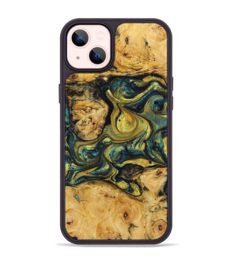 iPhone 14 Plus Wood+Resin Phone Case - Rosemarie (Teal & Gold, 719490)