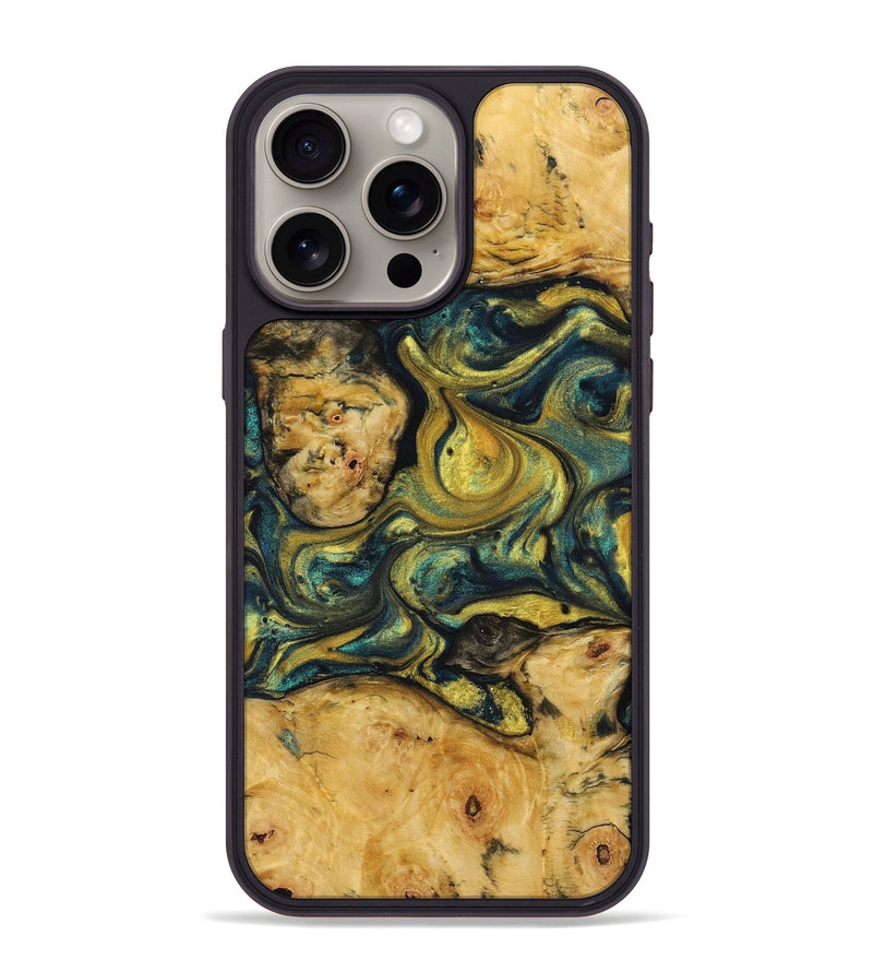 iPhone 15 Pro Max Wood+Resin Phone Case - Rosemarie (Teal & Gold, 719490)