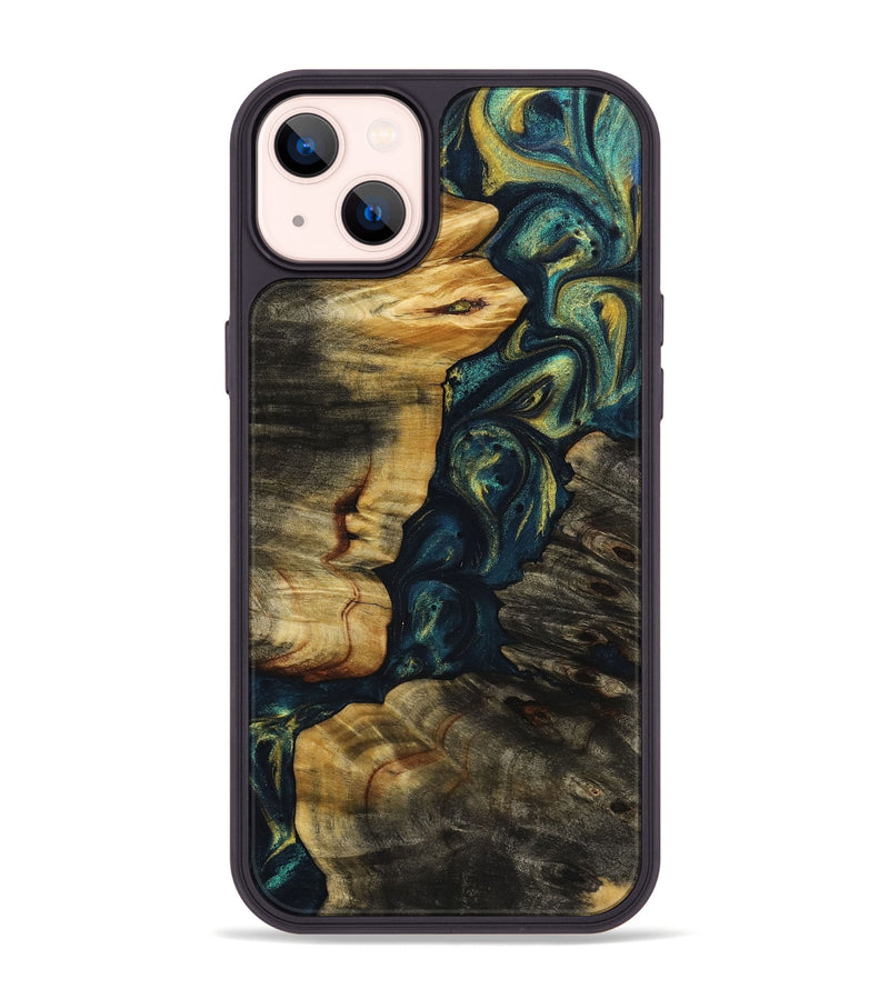 iPhone 14 Plus Wood+Resin Phone Case - Mercedes (Teal & Gold, 719491)