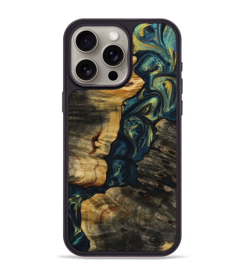 iPhone 15 Pro Max Wood+Resin Phone Case - Mercedes (Teal & Gold, 719491)