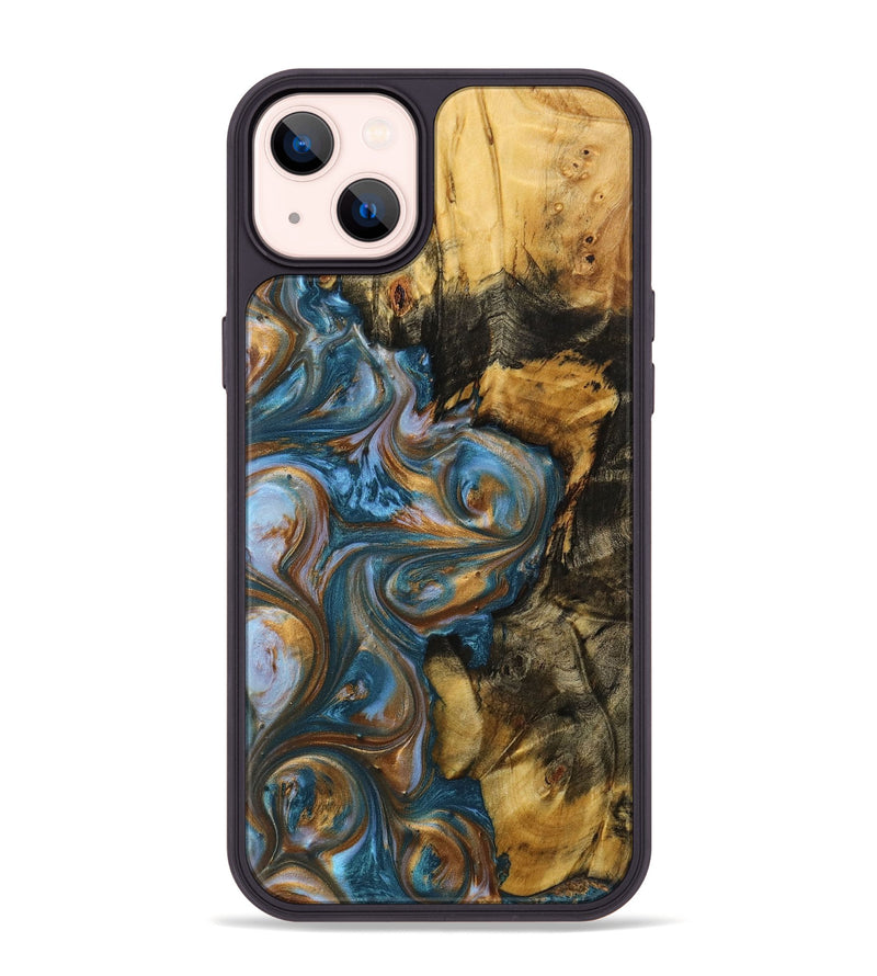 iPhone 14 Plus Wood+Resin Phone Case - Zaiden (Teal & Gold, 719492)