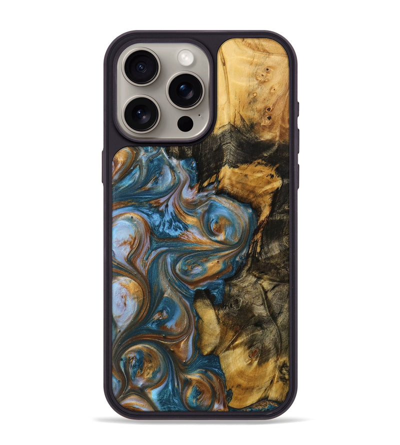 iPhone 15 Pro Max Wood+Resin Phone Case - Zaiden (Teal & Gold, 719492)