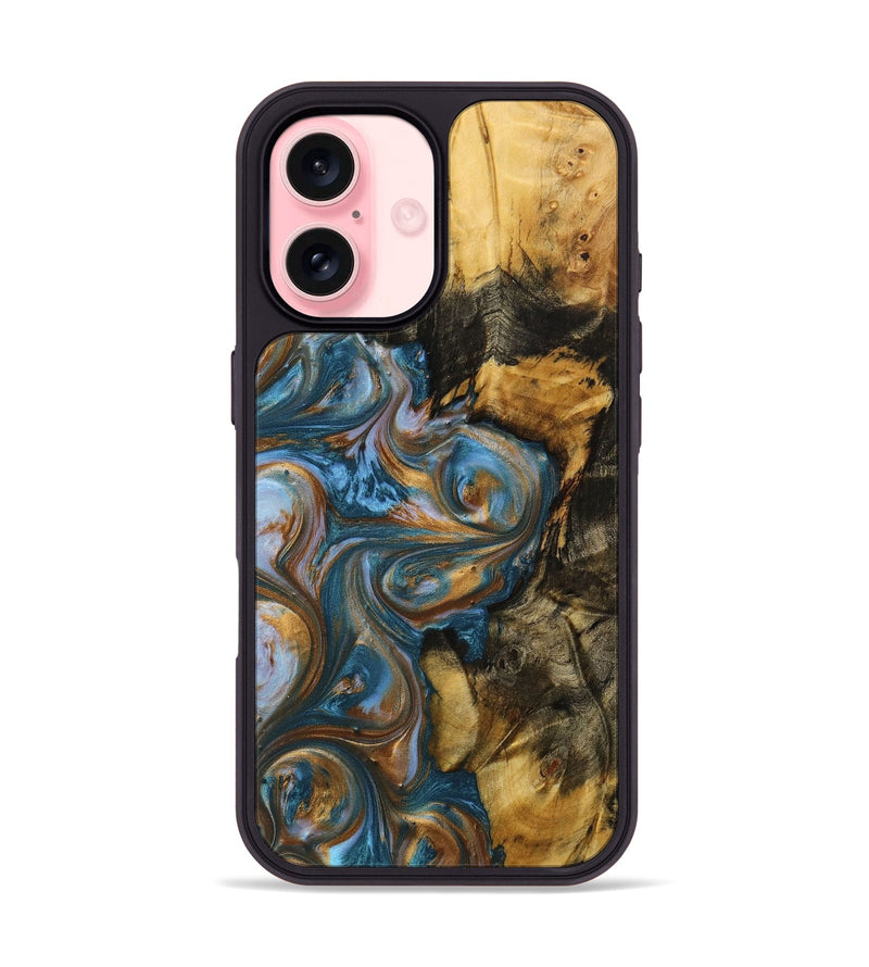 iPhone 16 Wood+Resin Phone Case - Zaiden (Teal & Gold, 719492)